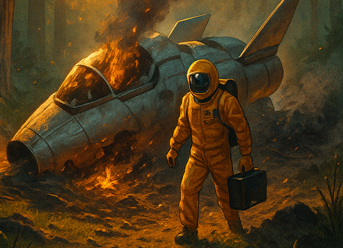 A lone explorer emerges from the wreckage -- the beginning of The Landing by A.J. Favorite.e